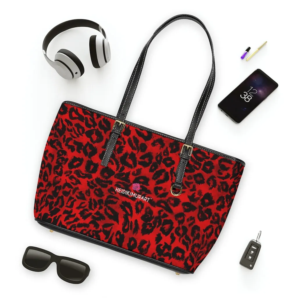 Red Leopard Print Tote Bag, Animal Print PU Leather Shoulder Hand Work Bag 17"x11"/ 16"x10"