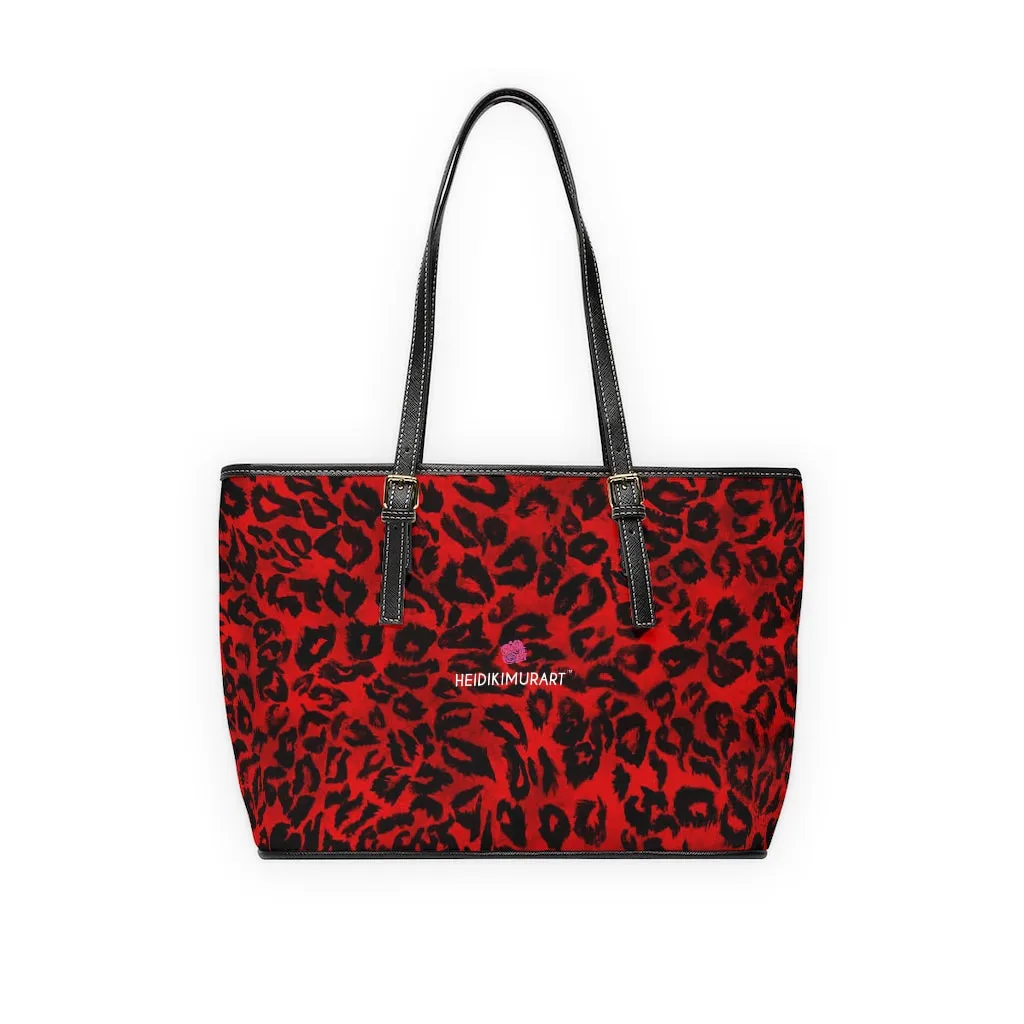 Red Leopard Print Tote Bag, Animal Print PU Leather Shoulder Hand Work Bag 17"x11"/ 16"x10"