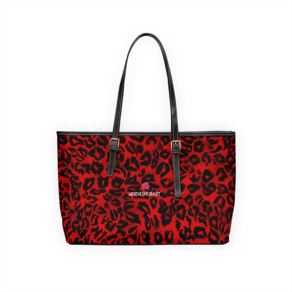 Red Leopard Print Tote Bag, Animal Print PU Leather Shoulder Hand Work Bag 17"x11"/ 16"x10"