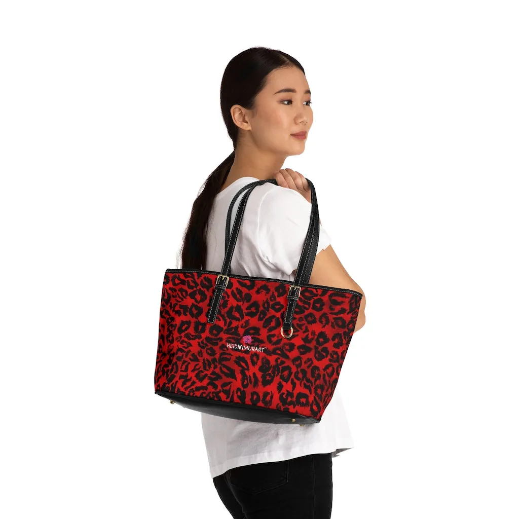 Red Leopard Print Tote Bag, Animal Print PU Leather Shoulder Hand Work Bag 17"x11"/ 16"x10"