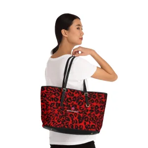 Red Leopard Print Tote Bag, Animal Print PU Leather Shoulder Hand Work Bag 17"x11"/ 16"x10"