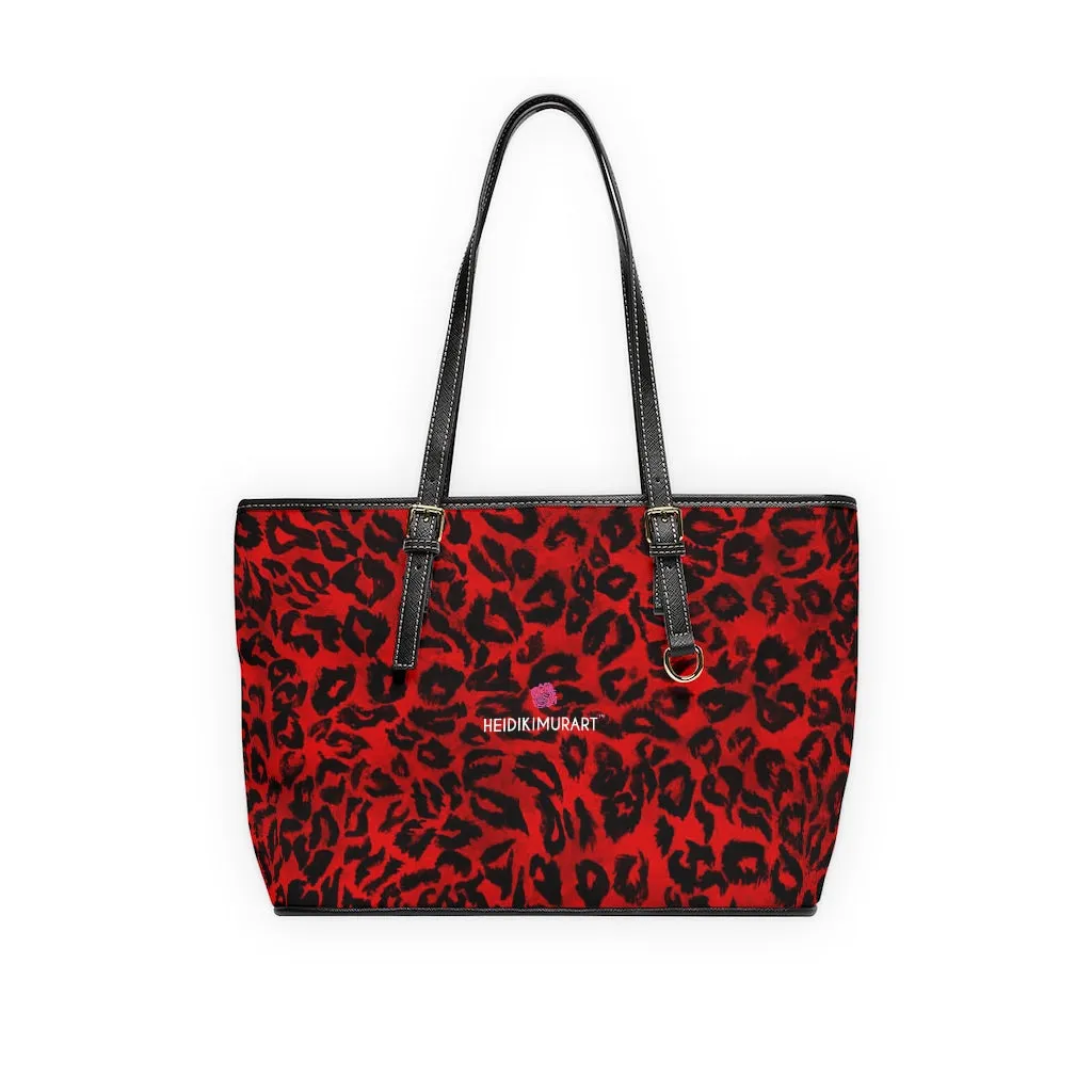 Red Leopard Print Tote Bag, Animal Print PU Leather Shoulder Hand Work Bag 17"x11"/ 16"x10"