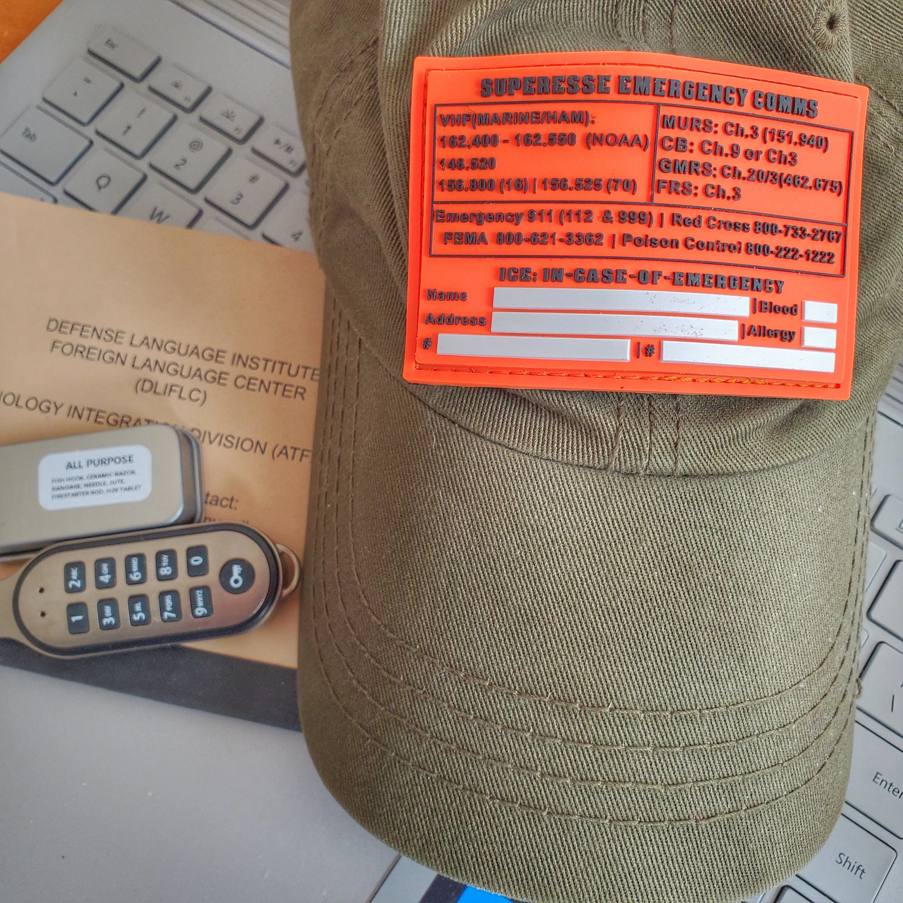 Storage Pocket Patch:  Emergency Comms with Radio Frequency/Channel and Telephone Contact Numbers, ICE Card