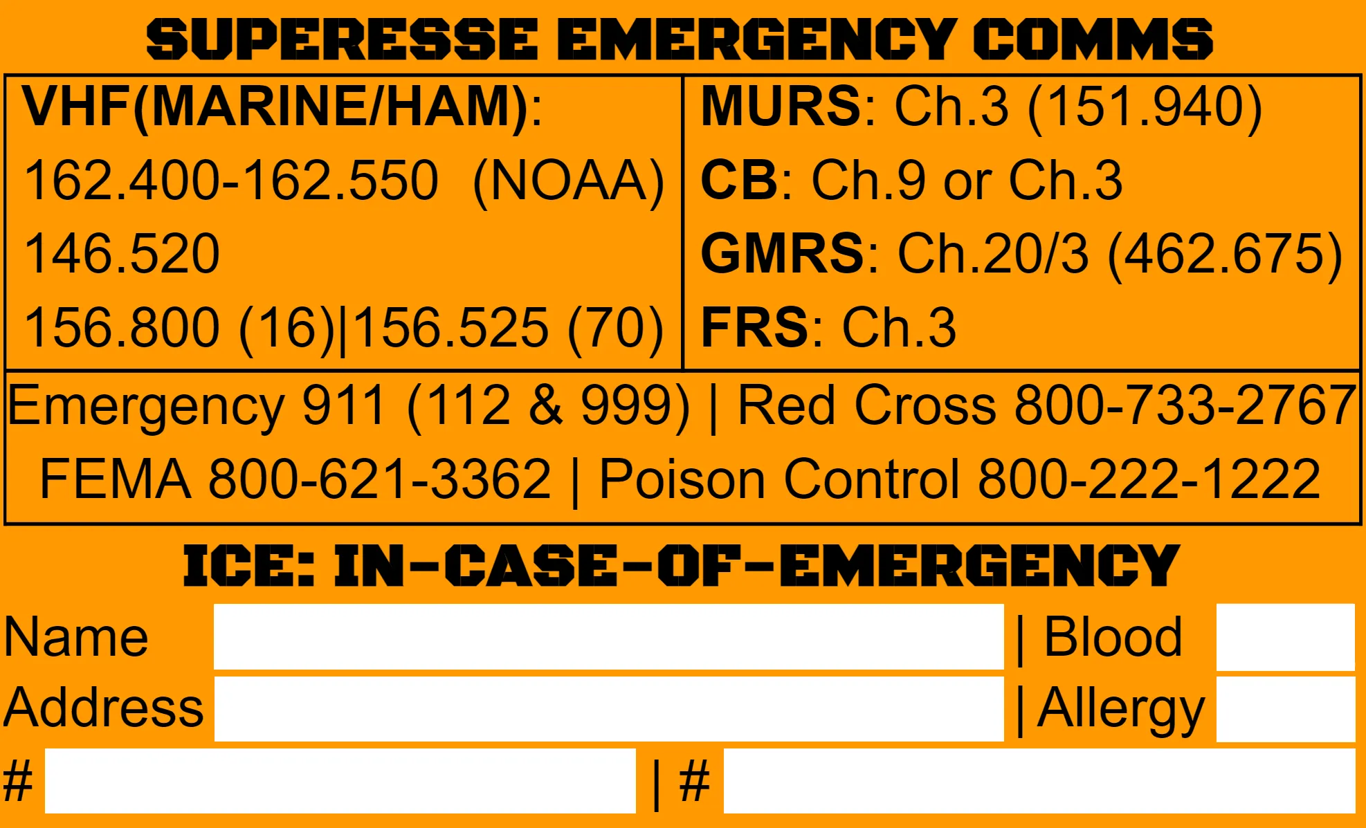 Storage Pocket Patch:  Emergency Comms with Radio Frequency/Channel and Telephone Contact Numbers, ICE Card