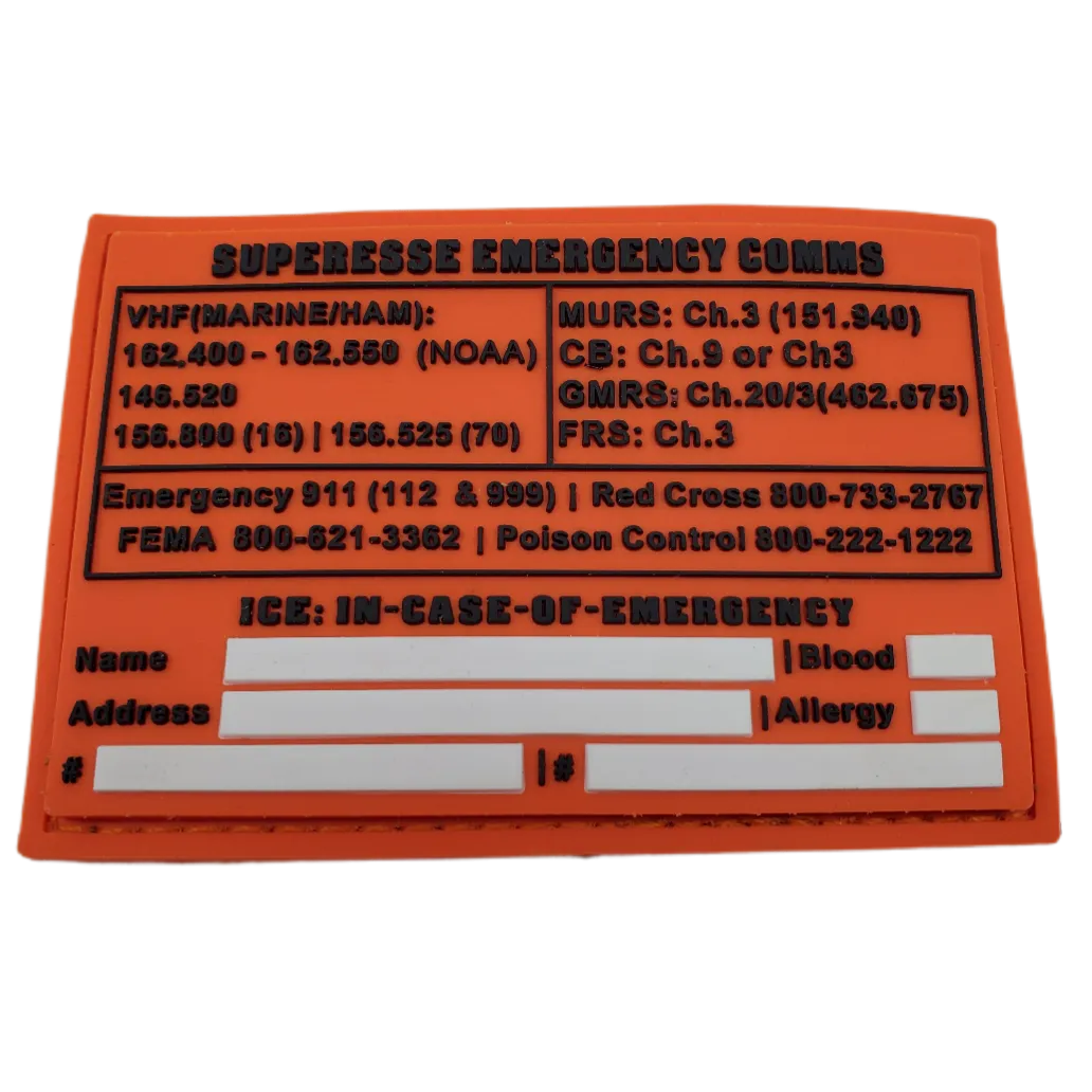 Storage Pocket Patch:  Emergency Comms with Radio Frequency/Channel and Telephone Contact Numbers, ICE Card