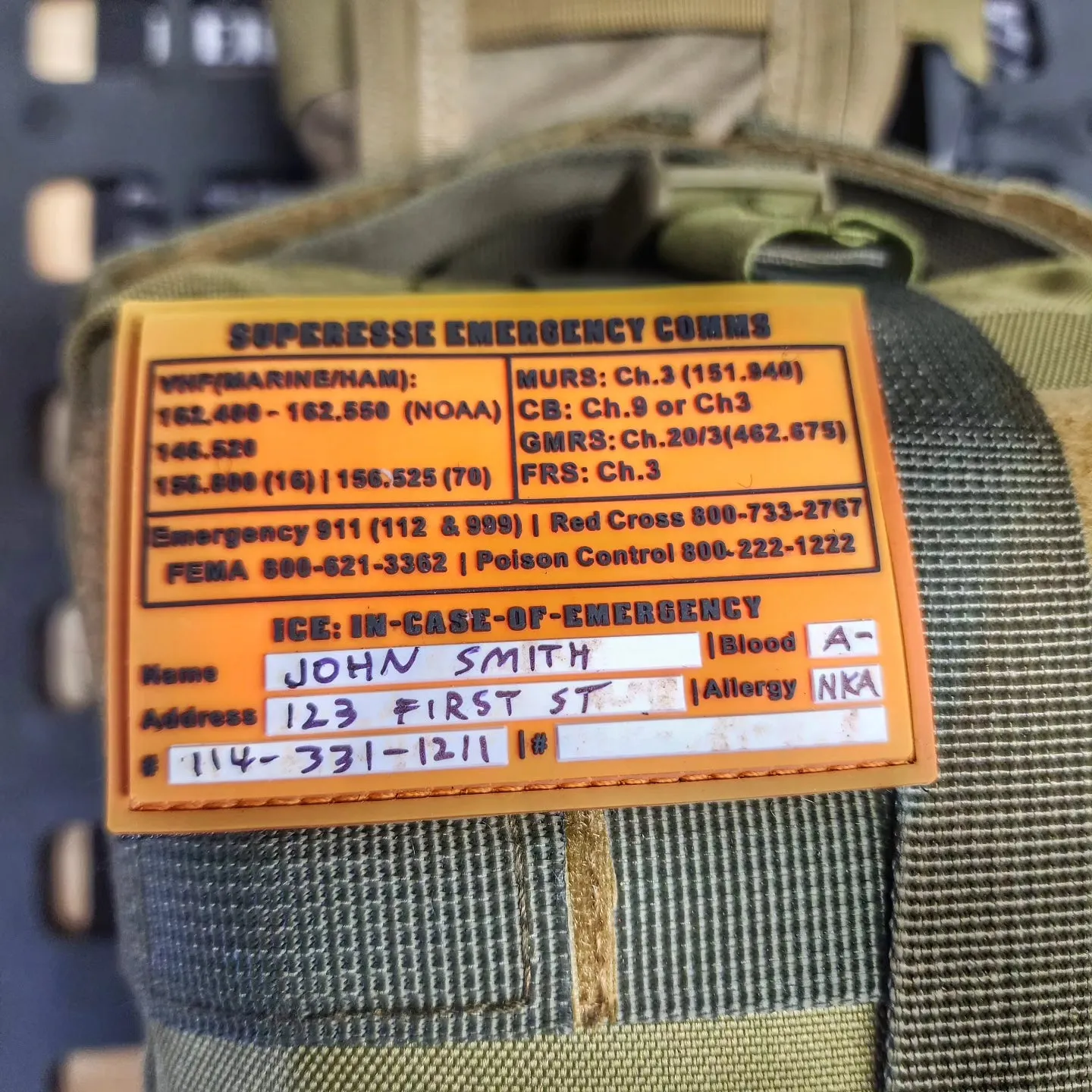 Storage Pocket Patch:  Emergency Comms with Radio Frequency/Channel and Telephone Contact Numbers, ICE Card