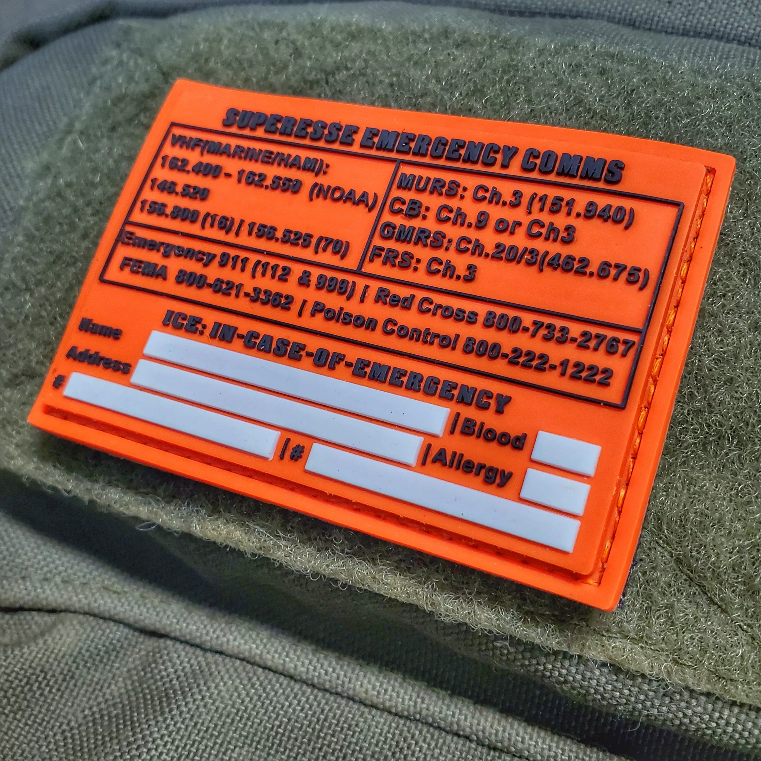 Storage Pocket Patch:  Emergency Comms with Radio Frequency/Channel and Telephone Contact Numbers, ICE Card