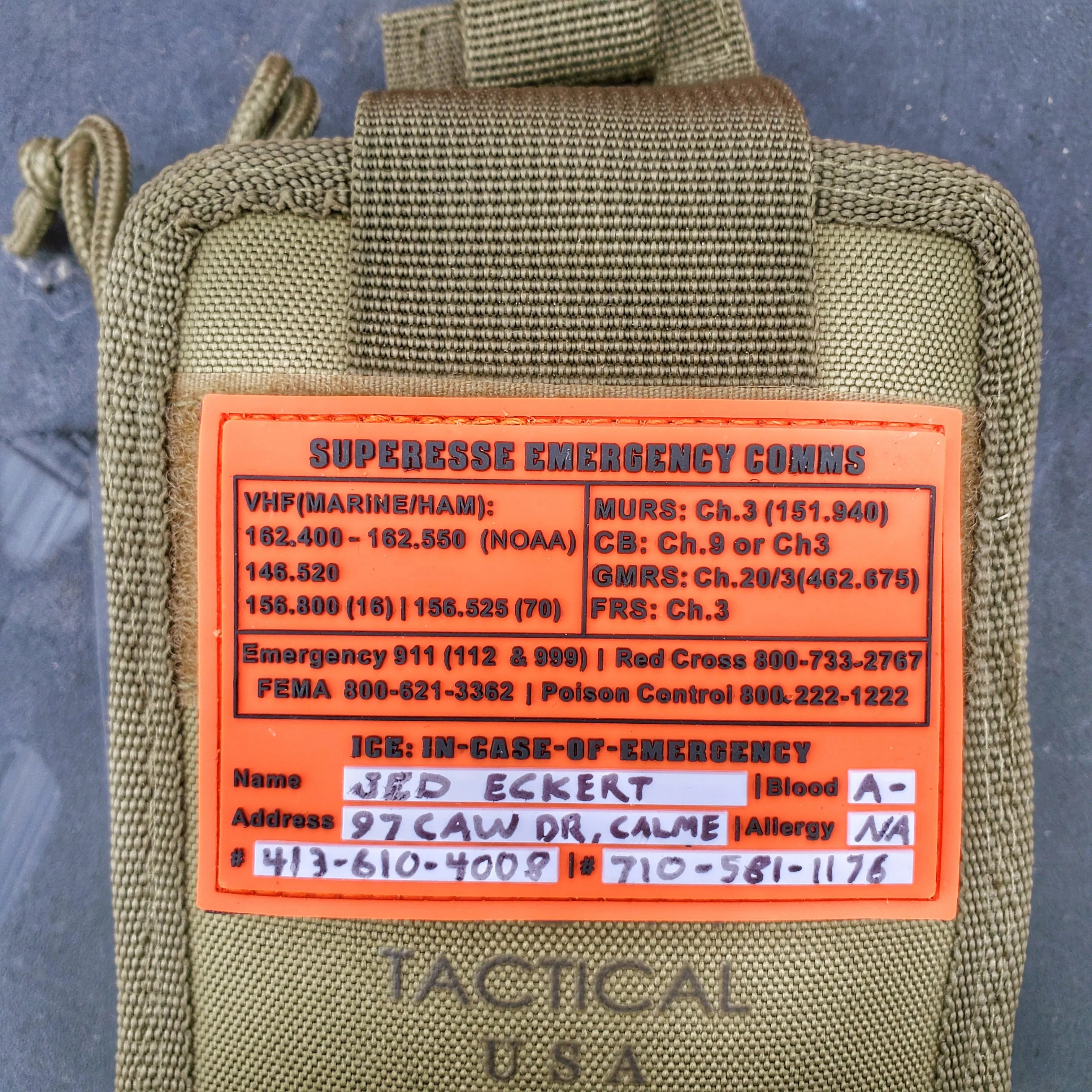 Storage Pocket Patch:  Emergency Comms with Radio Frequency/Channel and Telephone Contact Numbers, ICE Card