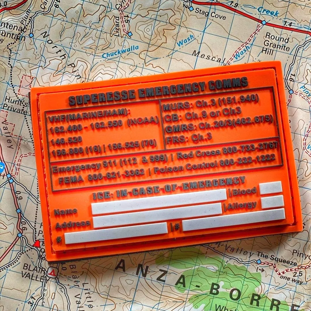 Storage Pocket Patch:  Emergency Comms with Radio Frequency/Channel and Telephone Contact Numbers, ICE Card