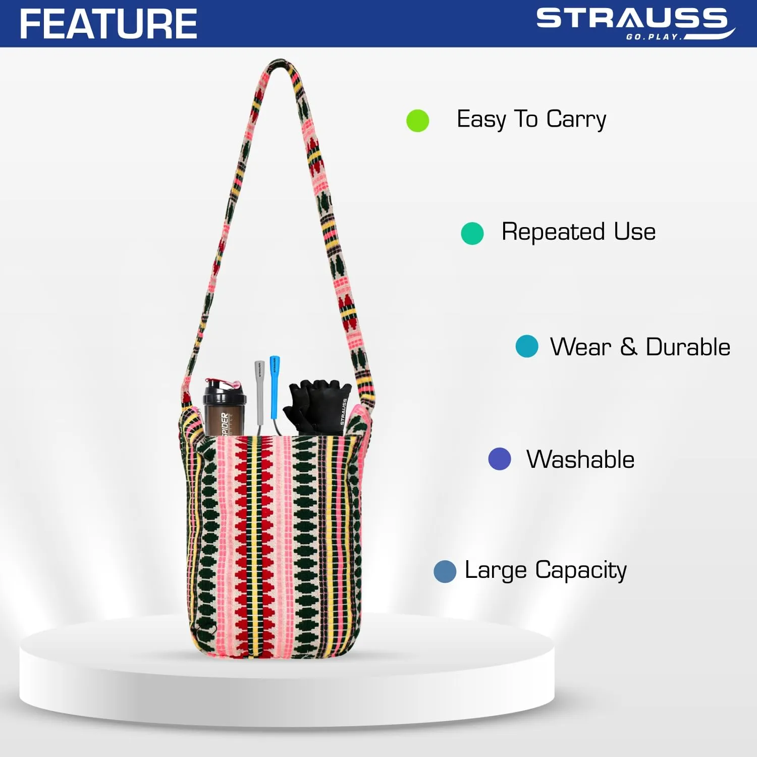 STRAUSS Jacquard Gym Bag | for Both Men and Women |Breathable, Durable and Long- Lasting| Suitable for Travel, Gym and Yoga Classes| Eco- Friendly and Washable | (Multicolor)