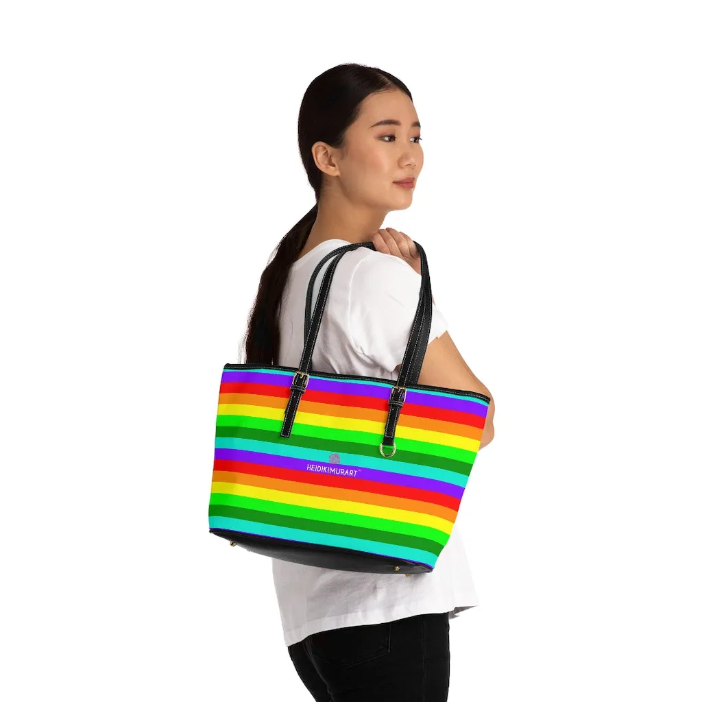 Stripes Rainbow Tote Bag, Best Designer PU Leather Shoulder Hand Work Bag 17"x11"/ 16"x10"