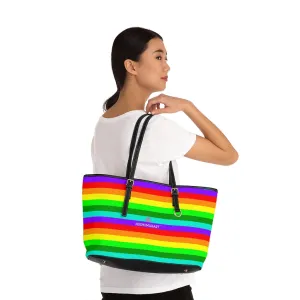 Stripes Rainbow Tote Bag, Best Designer PU Leather Shoulder Hand Work Bag 17"x11"/ 16"x10"