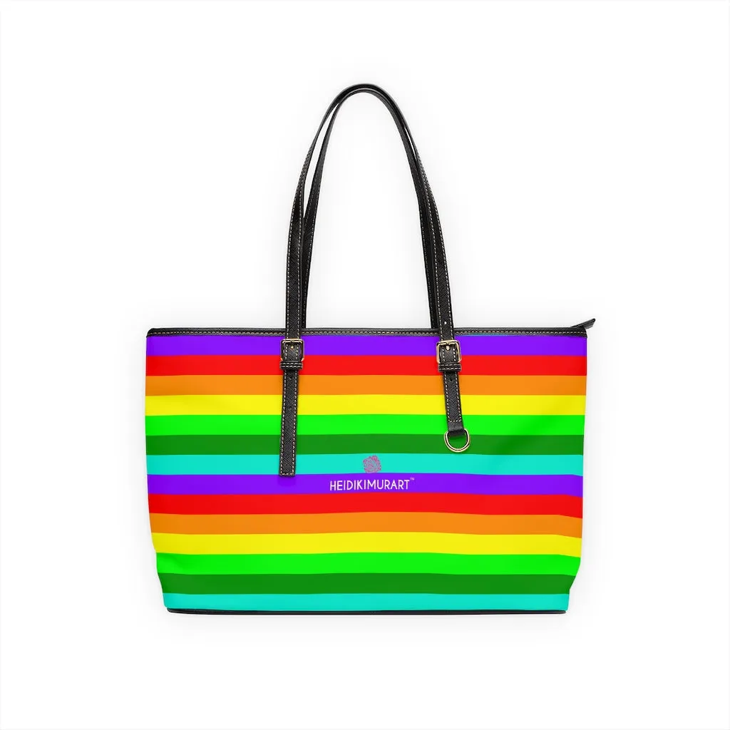 Stripes Rainbow Tote Bag, Best Designer PU Leather Shoulder Hand Work Bag 17"x11"/ 16"x10"