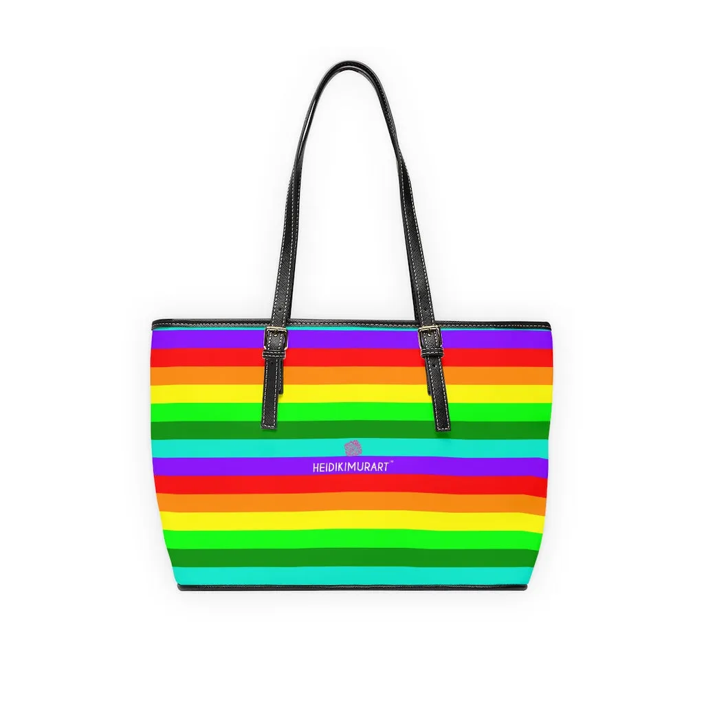 Stripes Rainbow Tote Bag, Best Designer PU Leather Shoulder Hand Work Bag 17"x11"/ 16"x10"