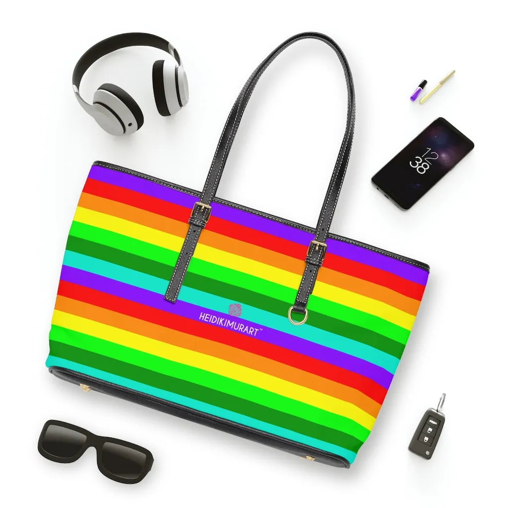 Stripes Rainbow Tote Bag, Best Designer PU Leather Shoulder Hand Work Bag 17"x11"/ 16"x10"