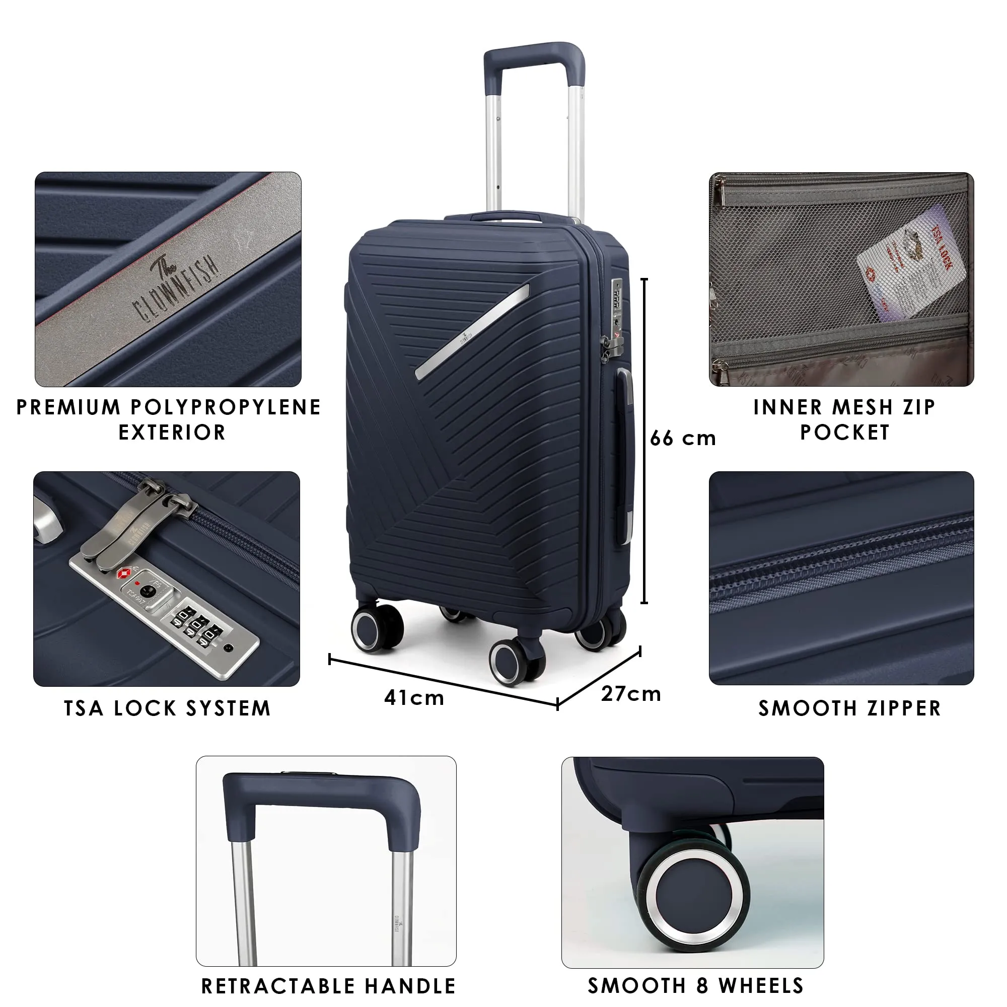 THE CLOWNFISH Denzel Series Luggage Polypropylene Hard Case Suitcase Eight Wheel Trolley Bag with TSA Lock- Navy Blue (Medium size, 66 cm-26 inch)