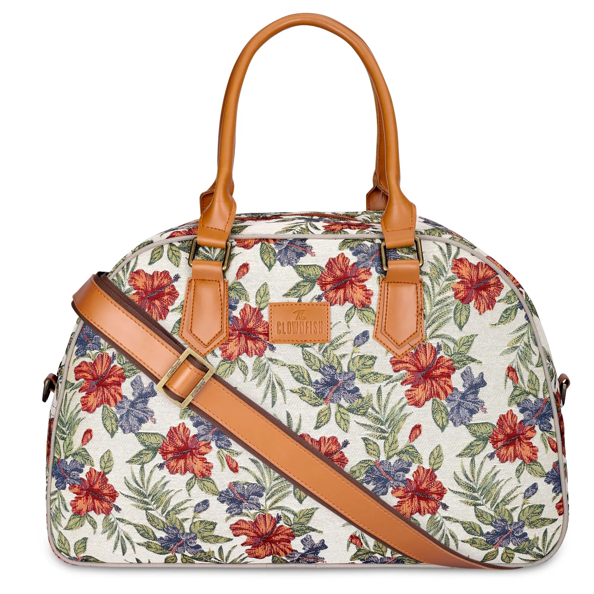 The Clownfish Ziana Series 24 litres Tapestry & Faux Leather Unisex Travel Duffle Bag Luggage Weekender Bag (Maroon-Floral_(L) 47 x (W) 17 x (H) 30 cm)