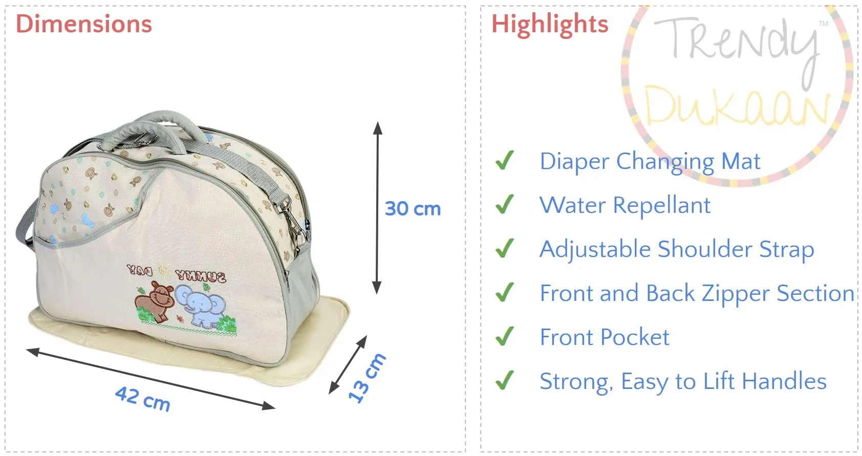 Unique Ideas New Born Baby Multipurpose Polyester Diaper/Mother Bag with Holder Diaper Changing Multi Compartment (Printed Cream, Medium)(Pack of 1)