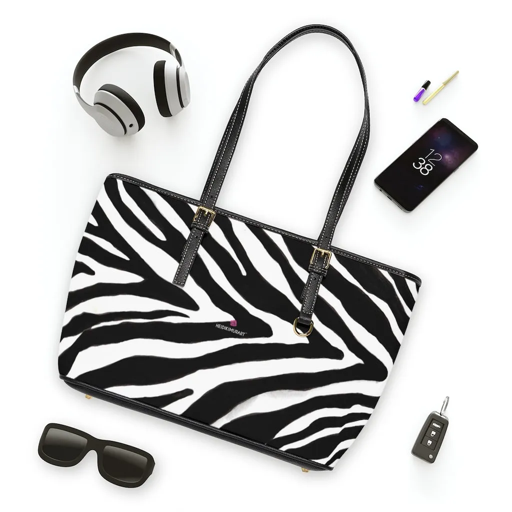 White Black Zebra Tote Bag, Animal Print PU Leather Shoulder Hand Work Bag 17"x11"/ 16"x10" For Ladies