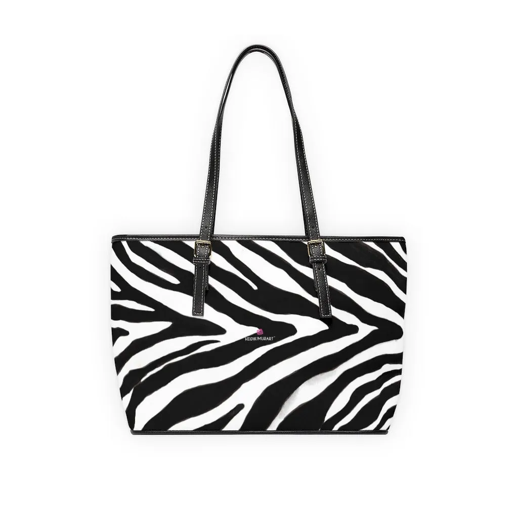 White Black Zebra Tote Bag, Animal Print PU Leather Shoulder Hand Work Bag 17"x11"/ 16"x10" For Ladies