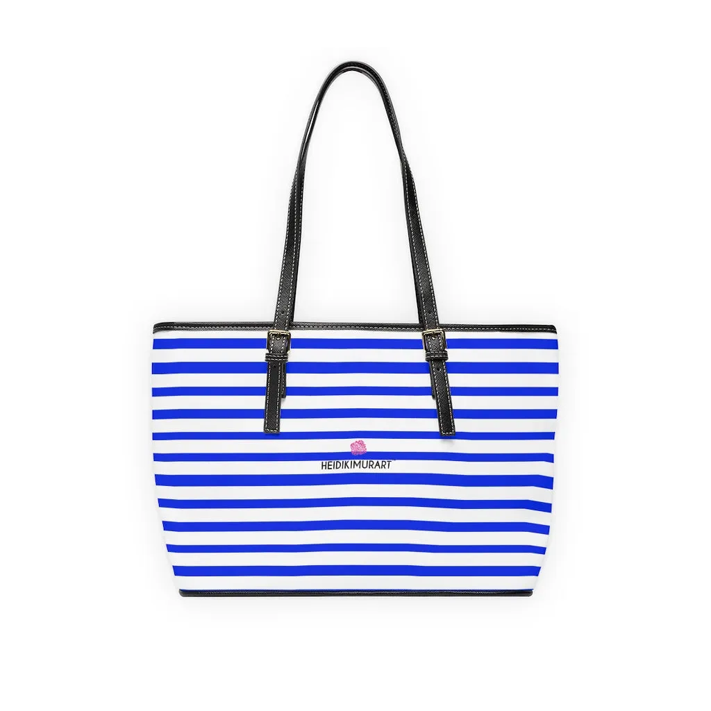 White Blue Stripes Tote Bag, Horizontally Striped PU Leather Shoulder Hand Work Bag 17"x11"/ 16"x10"