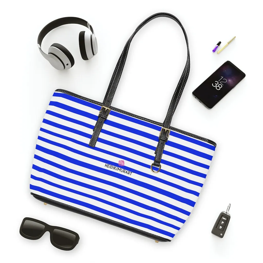 White Blue Stripes Tote Bag, Horizontally Striped PU Leather Shoulder Hand Work Bag 17"x11"/ 16"x10"