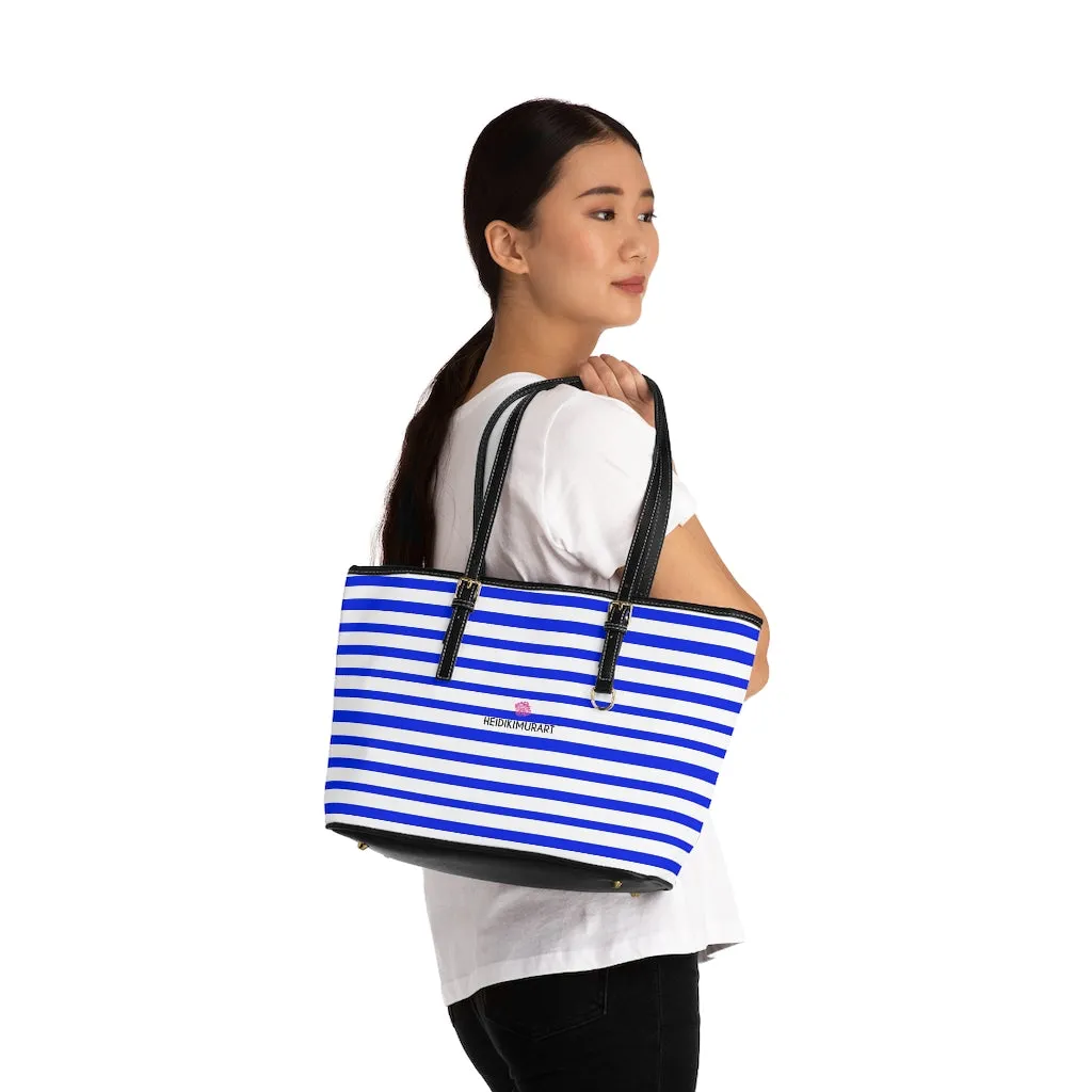 White Blue Stripes Tote Bag, Horizontally Striped PU Leather Shoulder Hand Work Bag 17"x11"/ 16"x10"