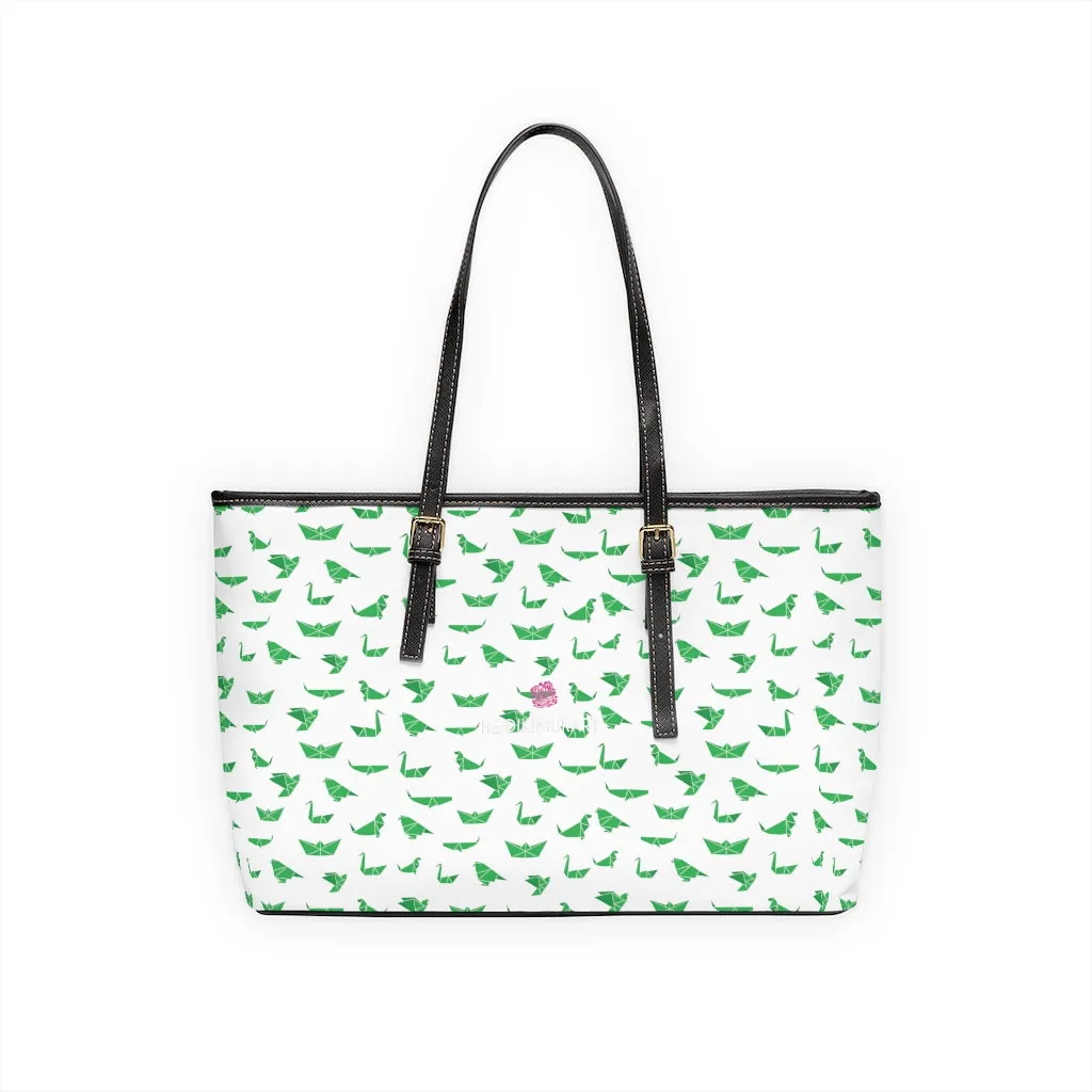 White Green Crane Tote Bag, Japanese Style Cranes Best PU Leather Shoulder Hand Work Bag For Women