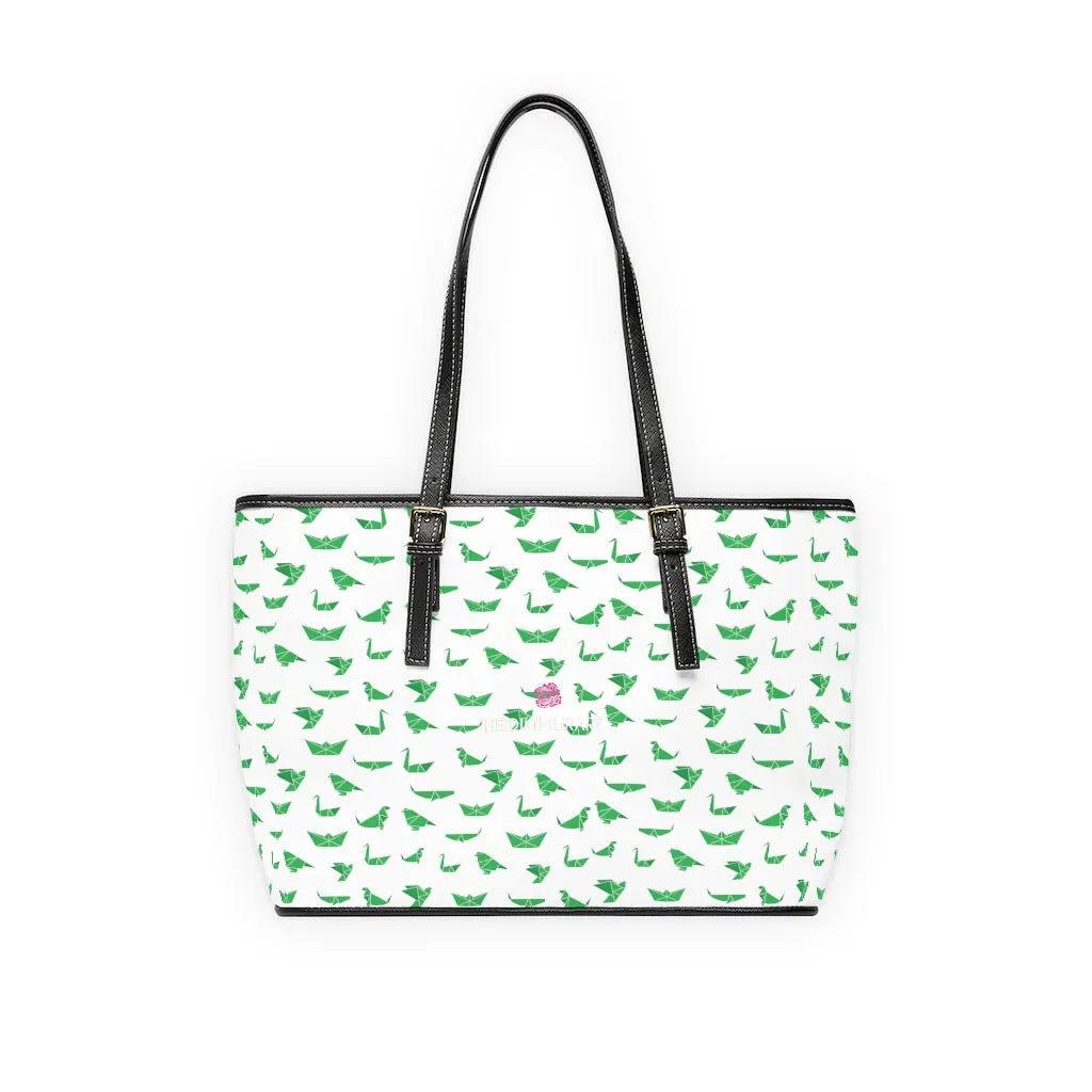 White Green Crane Tote Bag, Japanese Style Cranes Best PU Leather Shoulder Hand Work Bag For Women