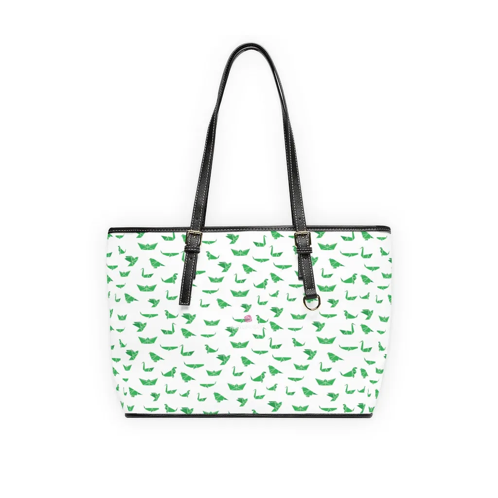 White Green Crane Tote Bag, Japanese Style Cranes Best PU Leather Shoulder Hand Work Bag For Women