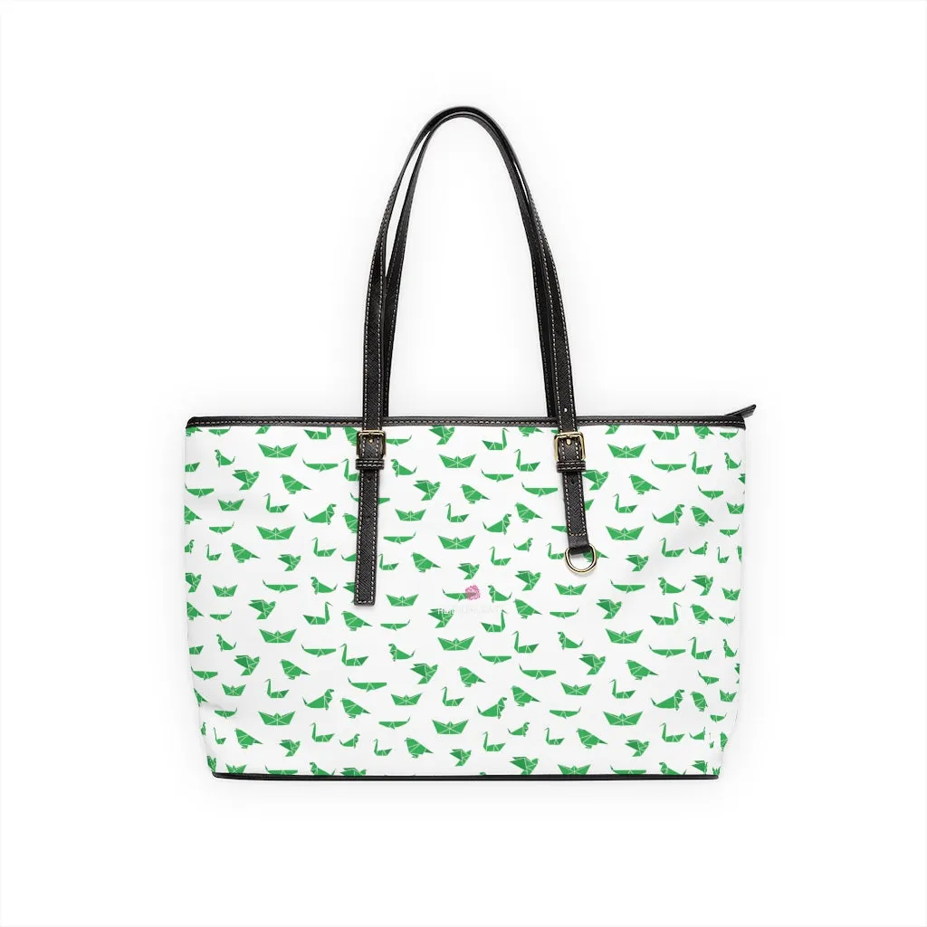 White Green Crane Tote Bag, Japanese Style Cranes Best PU Leather Shoulder Hand Work Bag For Women