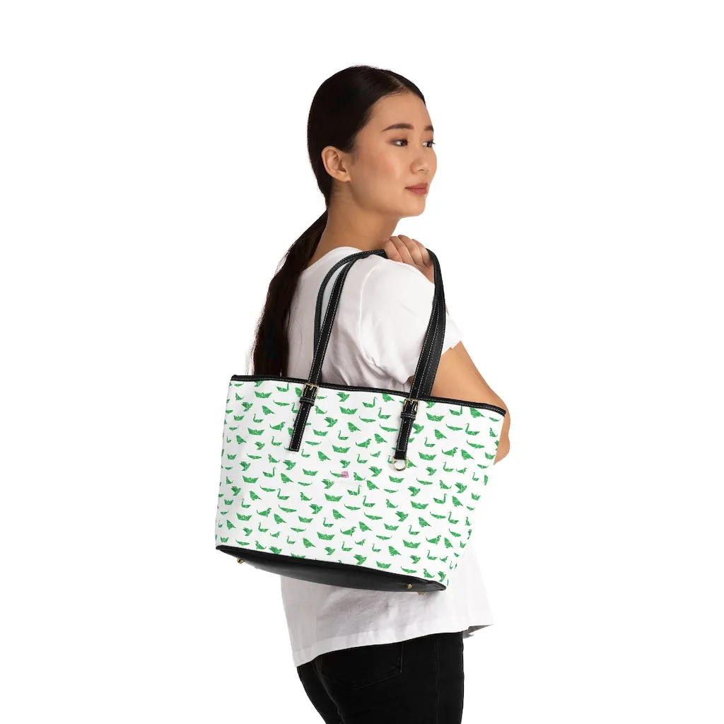 White Green Crane Tote Bag, Japanese Style Cranes Best PU Leather Shoulder Hand Work Bag For Women