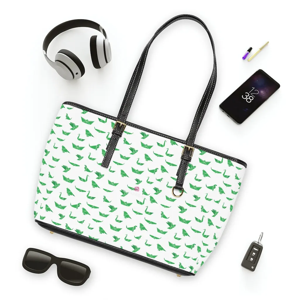 White Green Crane Tote Bag, Japanese Style Cranes Best PU Leather Shoulder Hand Work Bag For Women