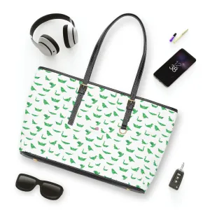 White Green Crane Tote Bag, Japanese Style Cranes Best PU Leather Shoulder Hand Work Bag For Women