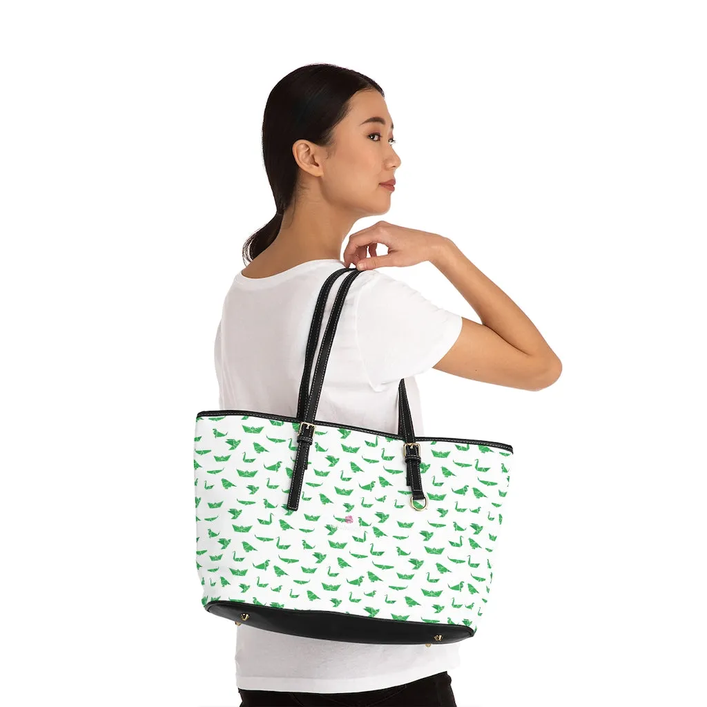 White Green Crane Tote Bag, Japanese Style Cranes Best PU Leather Shoulder Hand Work Bag For Women