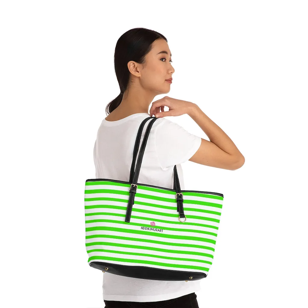 White Green Stripes Tote Bag, 17"x11"/ 16"x10" Designer Striped PU Leather Shoulder Hand Bag