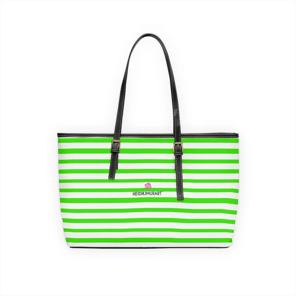 White Green Stripes Tote Bag, 17"x11"/ 16"x10" Designer Striped PU Leather Shoulder Hand Bag