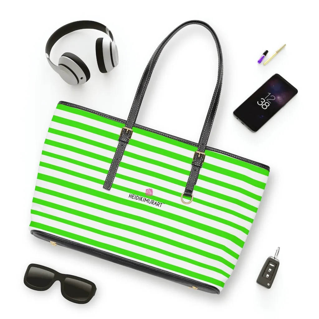 White Green Stripes Tote Bag, 17"x11"/ 16"x10" Designer Striped PU Leather Shoulder Hand Bag