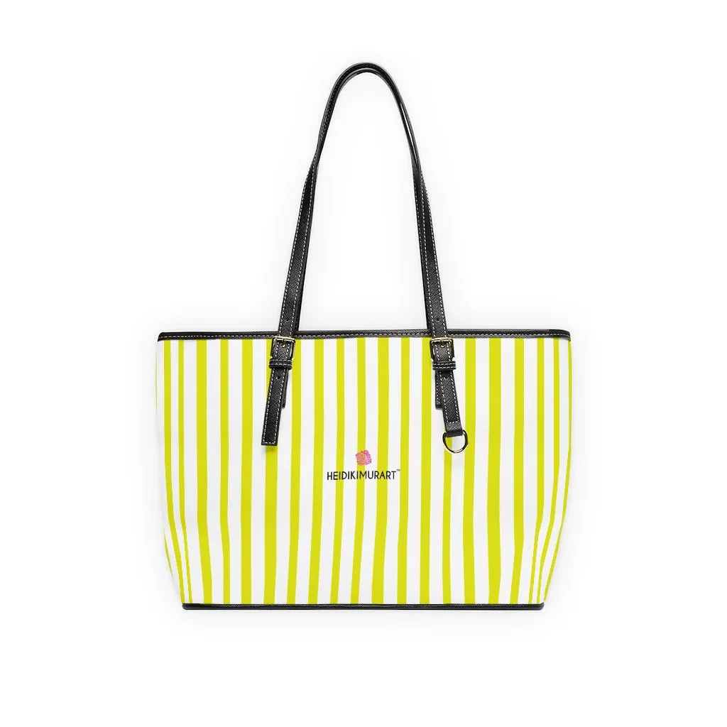 White Yellow Striped Tote Bag, Vertically Striped PU Leather Shoulder Hand Work Bag 17"x11"/ 16"x10"