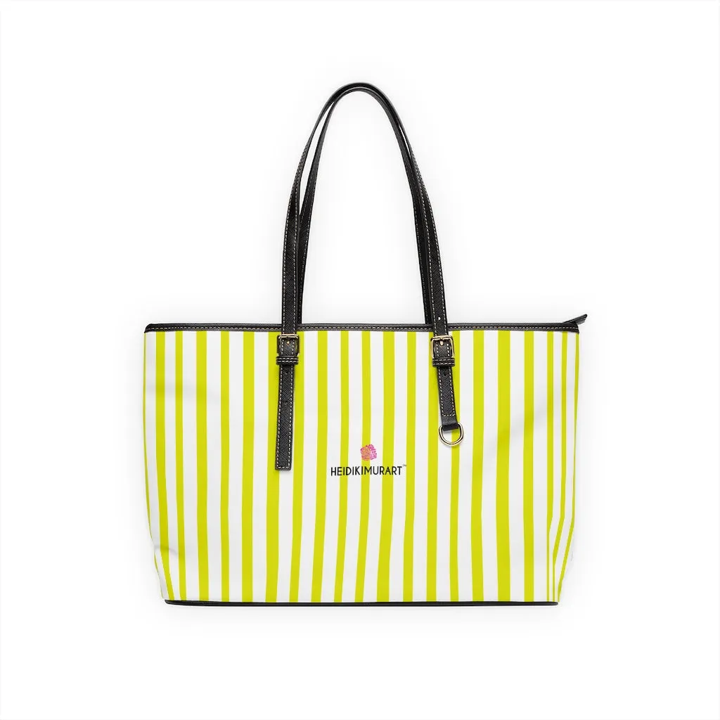 White Yellow Striped Tote Bag, Vertically Striped PU Leather Shoulder Hand Work Bag 17"x11"/ 16"x10"