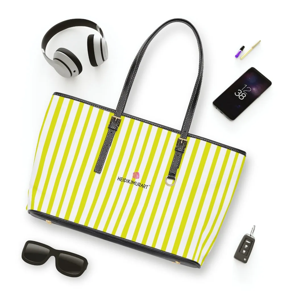 White Yellow Striped Tote Bag, Vertically Striped PU Leather Shoulder Hand Work Bag 17"x11"/ 16"x10"