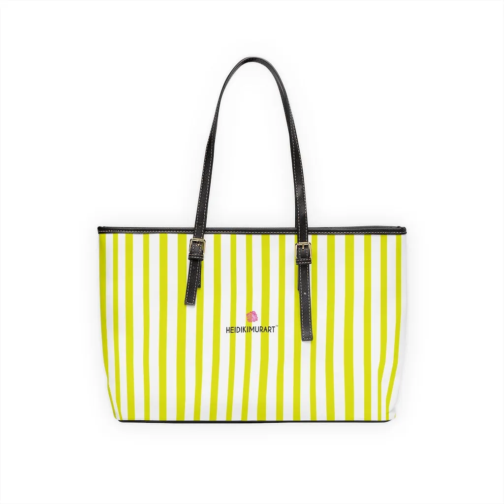 White Yellow Striped Tote Bag, Vertically Striped PU Leather Shoulder Hand Work Bag 17"x11"/ 16"x10"