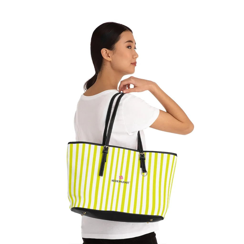 White Yellow Striped Tote Bag, Vertically Striped PU Leather Shoulder Hand Work Bag 17"x11"/ 16"x10"