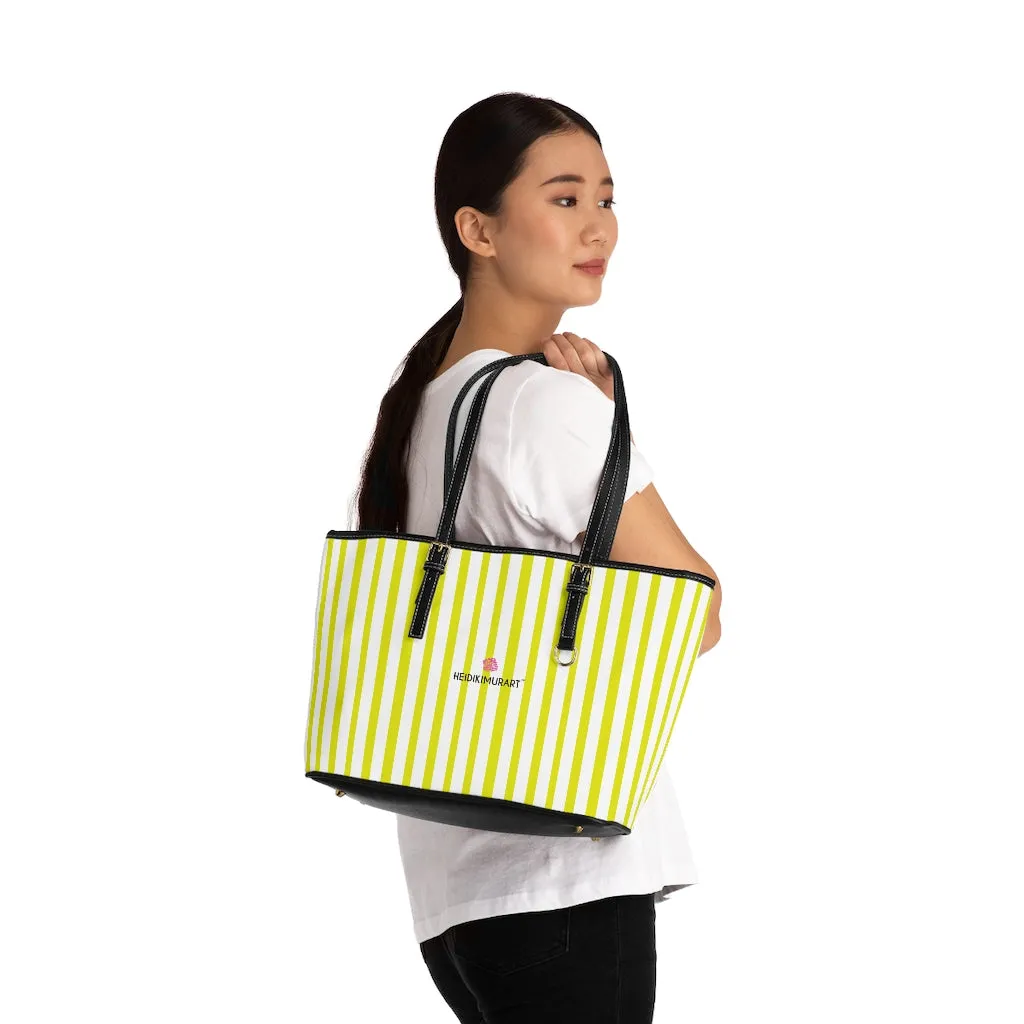 White Yellow Striped Tote Bag, Vertically Striped PU Leather Shoulder Hand Work Bag 17"x11"/ 16"x10"