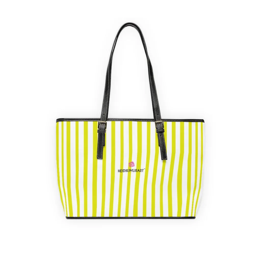 White Yellow Striped Tote Bag, Vertically Striped PU Leather Shoulder Hand Work Bag 17"x11"/ 16"x10"