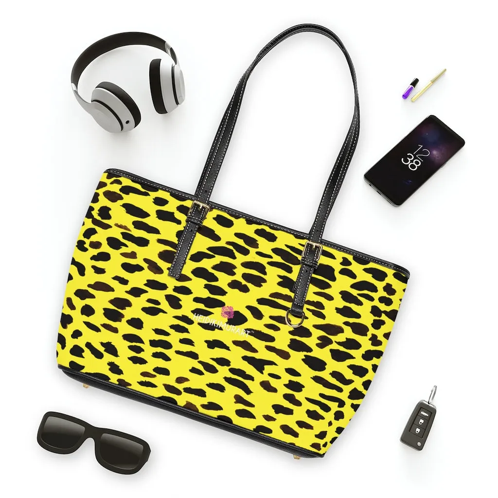 Yellow Cow Print Tote Bag, Cow or Cheetah Animal Print Best Designer PU Leather Shoulder Bag