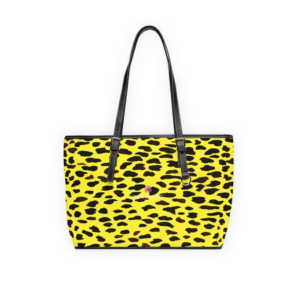 Yellow Cow Print Tote Bag, Cow or Cheetah Animal Print Best Designer PU Leather Shoulder Bag