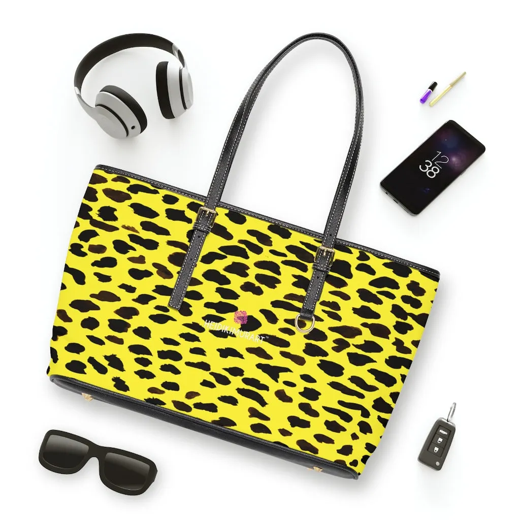 Yellow Cow Print Tote Bag, Cow or Cheetah Animal Print Best Designer PU Leather Shoulder Bag