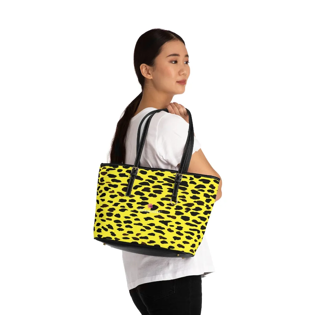 Yellow Cow Print Tote Bag, Cow or Cheetah Animal Print Best Designer PU Leather Shoulder Bag