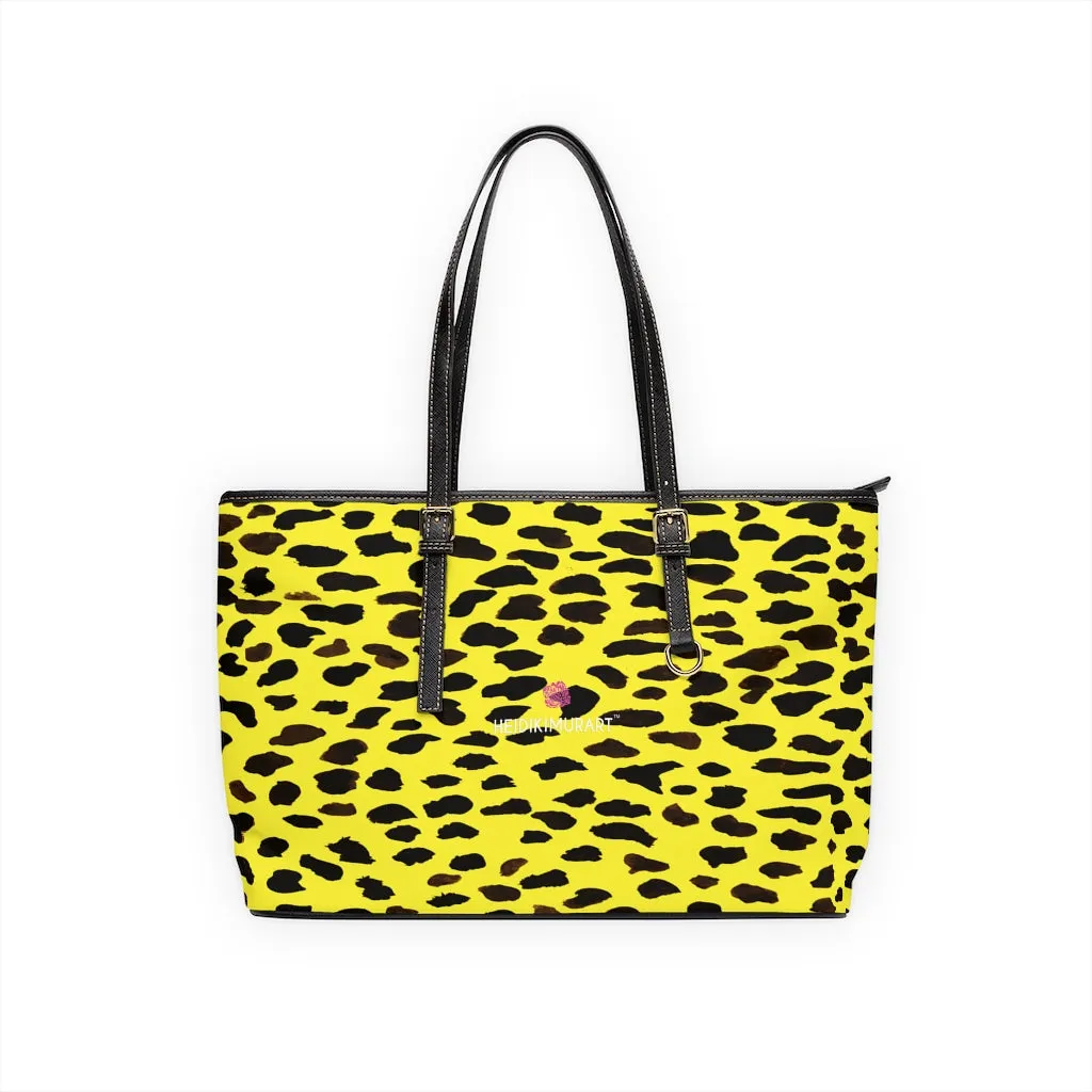 Yellow Cow Print Tote Bag, Cow or Cheetah Animal Print Best Designer PU Leather Shoulder Bag